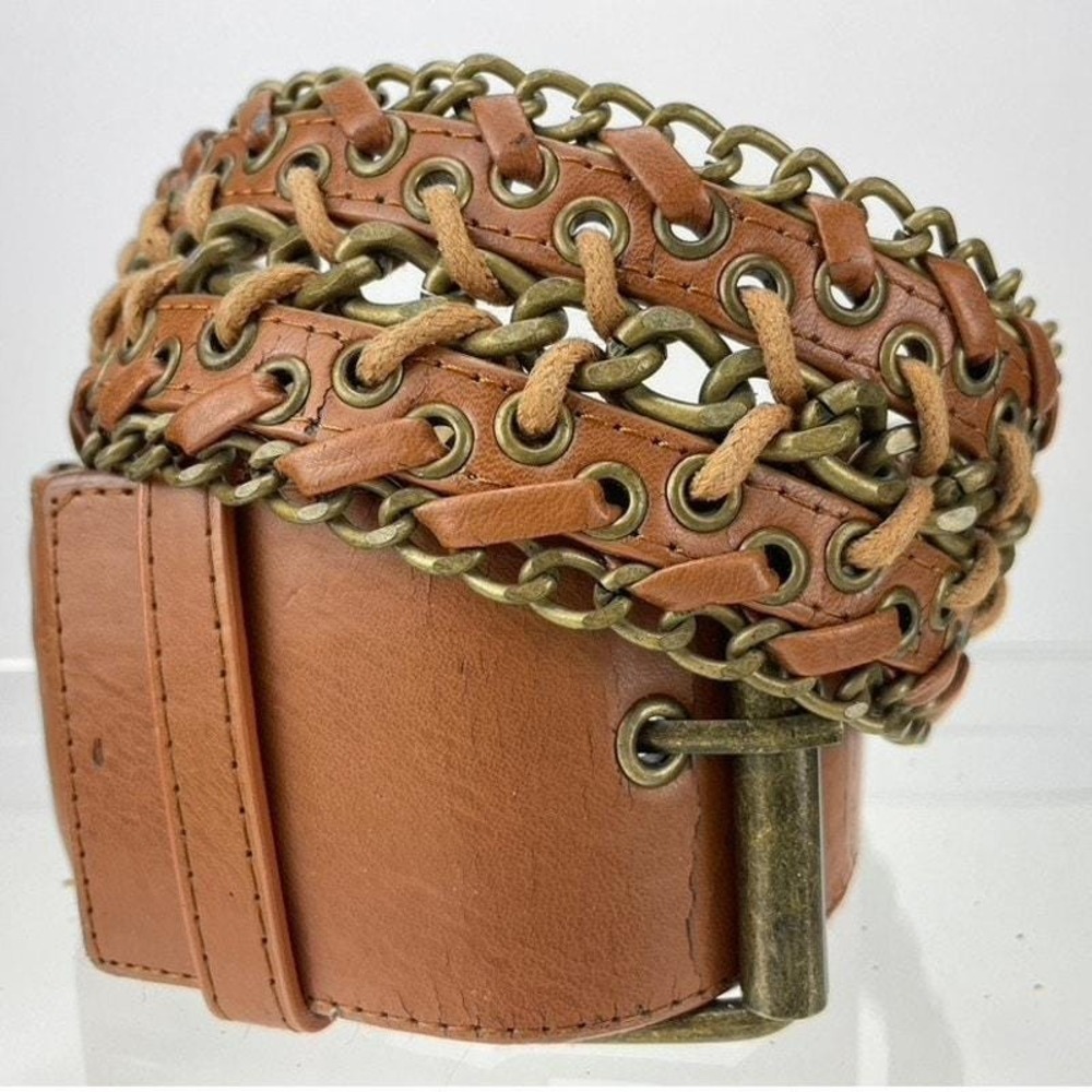 Vintage Boho 90s Womens (32) Wide Brass Chain Leather Lacing Tan Belt Western